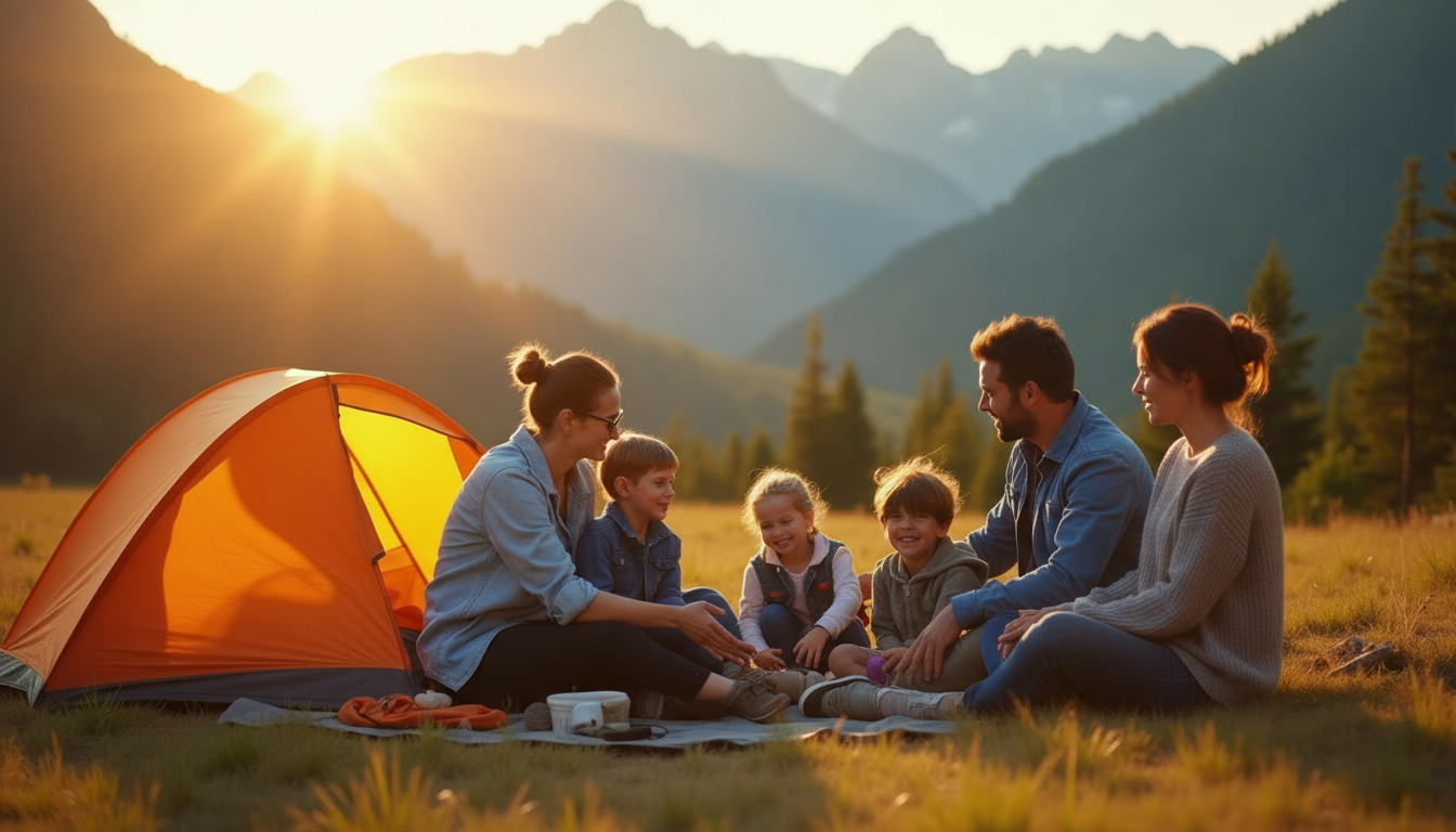 Familia viajera acampando en la naturaleza